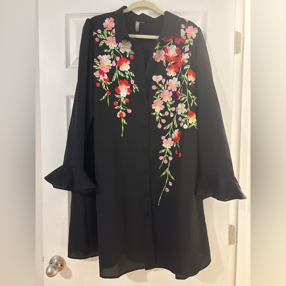 ASOS Curve Black Long-Sleeve Dress with Pink and Red Floral Embroidery